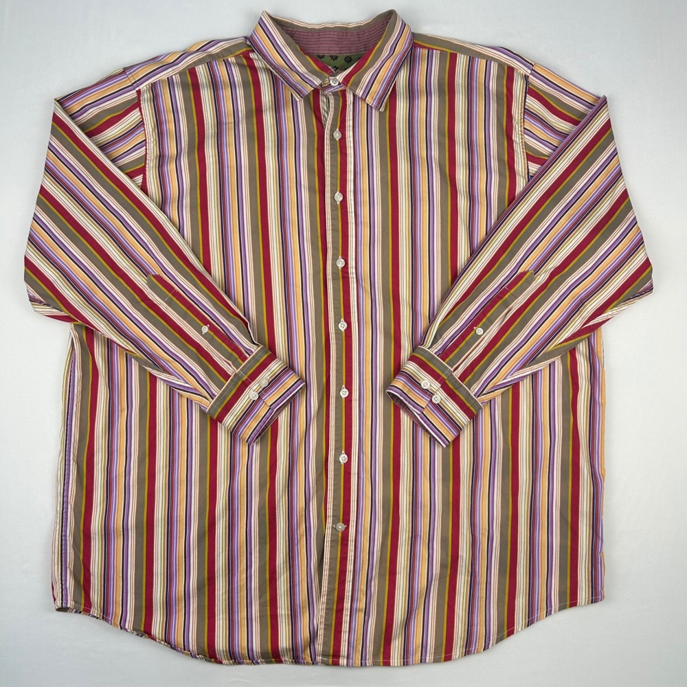 Synergy Mens 2XL‎ Multi Color Vertical Stripe 100% Cotton Button Down Shirt Long